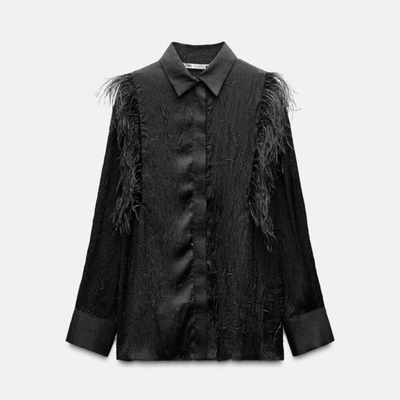 NWT ZARA ZW COLLECTION FEATHERS SHIRT & SATIN EFFECT CRINKLE PANTS - Picture 6 of 16